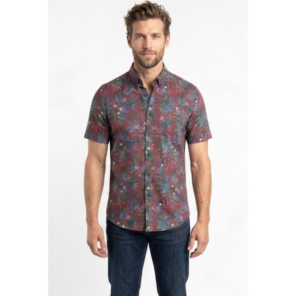 Paisley & Gray Men's Slim Fit Tropical Button‎ Up Shirt Red Floral Plumeria S 15
